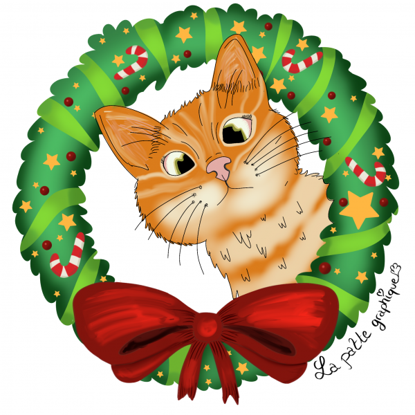 chat et couronne de noël
