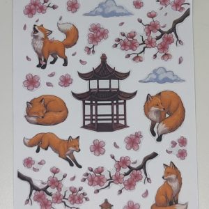 Planche de stickers renards et fleurs de cerisier sakura style japonais