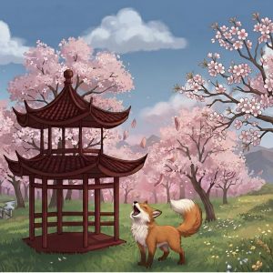 Illustration d'un renard hurlant de joie sous des fleurs de cerisier devant une pagode japonaise - La Patte Graphique