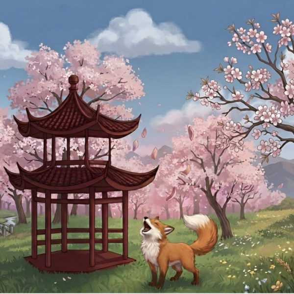 Illustration d'un renard hurlant de joie sous des fleurs de cerisier devant une pagode japonaise - La Patte Graphique