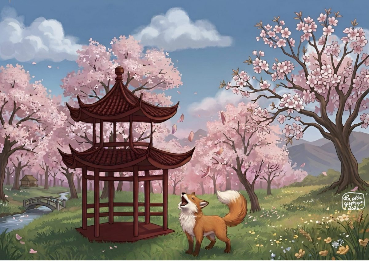 Illustration d'un renard hurlant de joie sous des fleurs de cerisier devant une pagode japonaise - La Patte Graphique