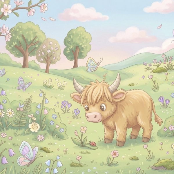Illustration d'un jeune highland dans une prairie fleurie avec coccinelle et papillons - La Patte Graphique