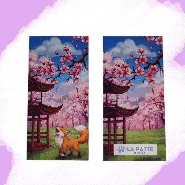 Marque-page renard japonais – Fleurs de cerisier et pagode