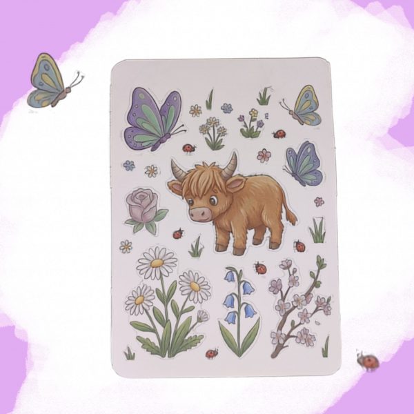 Stickers Vache Highland & Papillons | Planche Florale